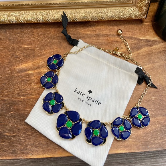 kate spade Jewelry - Kate Spade- Navy Blue & Emerald Green Floral  Statement Necklace